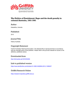 The Politics of Punishment: Rape and the Death Penalty in Colonial Australia, 1841-1901