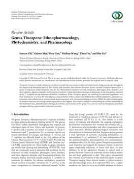 Review Article Genus Tinospora: Ethnopharmacology, Phytochemistry, and Pharmacology