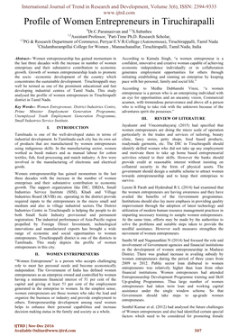 Profile of Women Entrepreneurs in Tiruchirapalli 1Dr.C.Paramasivan and 2,3S.Subathra 1,2Assistant Professor, 3Part-Time Ph.D