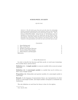 SCHUR-WEYL DUALITY Contents 1. Some Background 1 2. Plan of The