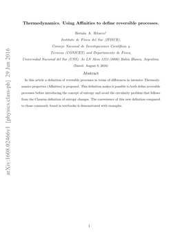 Thermodynamics. Using Affinities to Define Reversible Processes