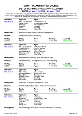 South Holland District Council List of Planning