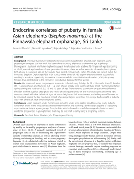 Endocrine Correlates of Puberty in Female Asian Elephants (Elephas Maximus) at the Pinnawala Elephant Orphanage, Sri Lanka Samanthi Mendis1,2, Niromi K