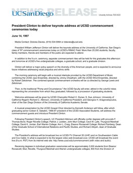 President Clinton to Deliver Keynote Address at UCSD Commencement Ceremonies Today
