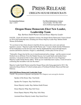 PRESS RELEASE Oregon House Democrats Elect New Leader