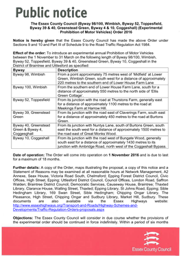 Byway 98/100, Wimbish, Byway 52, Toppesfield, Byway 39 & 40, Greenstead Green, Byway 4 & 10, Coggeshall) (Experimental Prohibition of Motor Vehicles) Order 2016