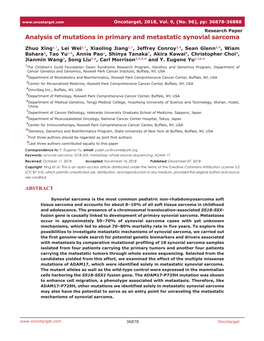 Analysis of Mutations in Primary and Metastatic Synovial Sarcoma