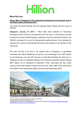 10 January 2017 Hillion Mall at Singapore's First Integrated Development and Transport Hub in the West
