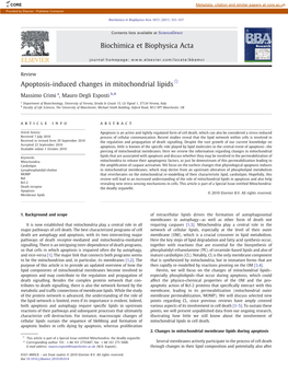 Apoptosis-Induced Changes in Mitochondrial Lipids☆