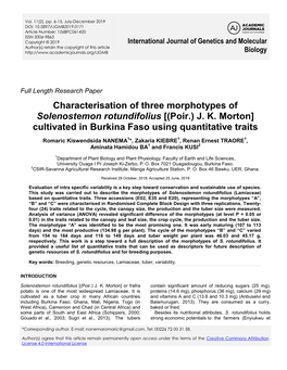 Characterisation of Three Morphotypes of Solenostemon Rotundifolius [(Poir.) JK Morton]