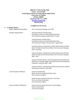 BRIAN N. WILLIAMS, Phd LO44 – Garrett Hall Frank Batten School of Leadership & Public Policy University of Virginia PO