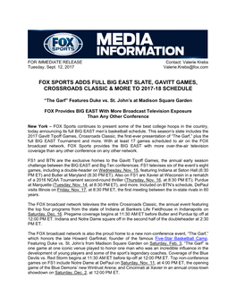 Fox Sports Adds Full Big East Slate, Gavitt Games, Crossroads Classic & More to 2017-18 Schedule