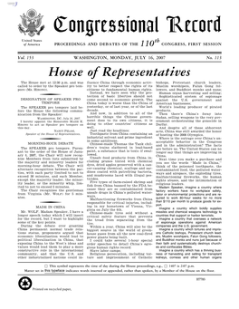 Congressional Record United States Th of America PROCEEDINGS and DEBATES of the 110 CONGRESS, FIRST SESSION