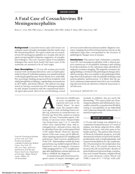 A Fatal Case of Coxsackievirus B4 Meningoencephalitis