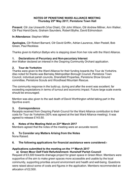 NOTES of PENISTONE WARD ALLIANCE MEETING Thursday 25Th May 2017, Penistone Town Hall