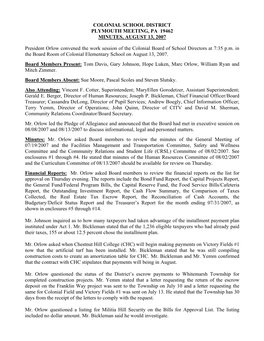 Colonial School District Plymouth Meeting, Pa 19462 Minutes, August 13, 2007