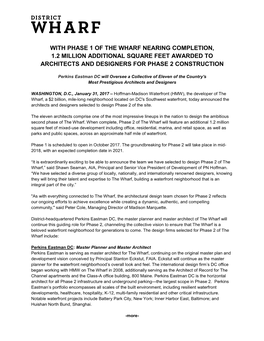 With Phase 1 of the Wharf Nearing Completion, 1.2 Million Additional Square Feet Awarded to Architects and Designers for Phase 2 Construction