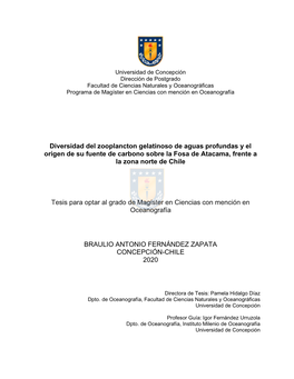 Diversidad Del Zooplancton Gelatinoso De Aguas Profundas Y El Origen De Su Fuente De Carbono Sobre La Fosa De Atacama, Frente a La Zona Norte De Chile