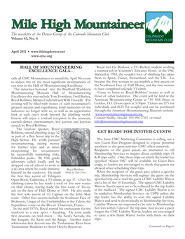 Mile High Mountaineer the Newsletter of the Denver Group of the Colorado Mountain Club Volume 43, No