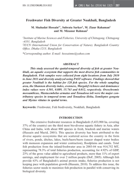 Freshwater Fish Diversity at Greater Noakhali, Bangladesh