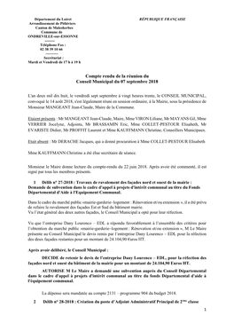 Compte Rendu De La Réunion Du Conseil Municipal Du 07 Septembre 2018