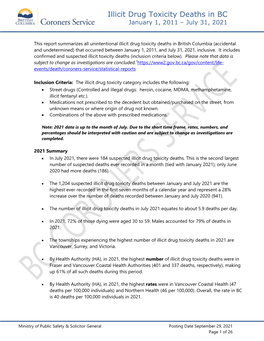 Illicit Drug Toxicity Deaths in B.C. (To June 30, 2021)