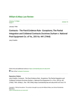 The Parol Evidence Rule - Exceptions; the Partial Integration and Collateral Contracts Doctrines Durham V