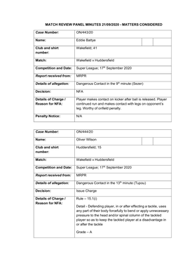 Match Review Panel Minutes 21/09/2020 - Matters Considered
