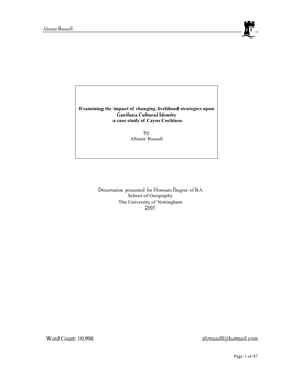 Examining the Impact of Changing Livelihood Strategies Upon Garifuna Cultural Identity a Case Study of Cayos Cochinos