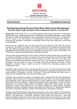 Genting Hong Kong Pioneers Pearl River Delta Cruise Development Superstar Virgo to Begin Guangzhou Nansha Deployment Effective 3 January 2016