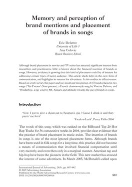 Memory and Perception of Brand Mentions and Placement of Brands in Songs