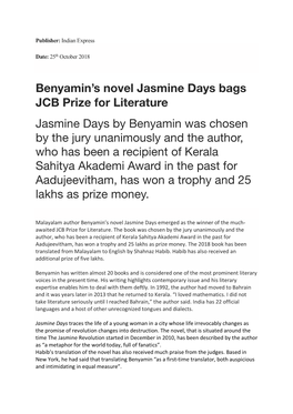 Benyamin's Novel Jasmine Days Bags JCB Prize for Literature Jasmine