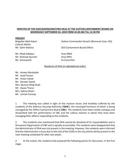 Minutes of the Discussions/Meeting Held at the Clifton Cantonment Board on Wednesday September 02, 2020 Fr0m 10.00 Am Till 12.30 Pm