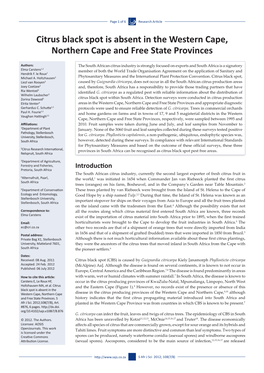 Citrus Black Spot Is Absent in the Western Cape, Northern Cape and Free State Provinces