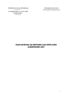PRESIDENCE DE LA REPUBLIQUE REPUBLIQUE DU MALI ********** Un Peuple-Un But-Une Foi COMMISSARIAT a LA SECURITE ALIMENTAIRE **********
