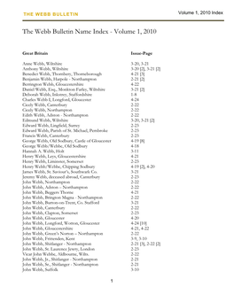 The Webb Bulletin Name Index - Volume 1, 2010