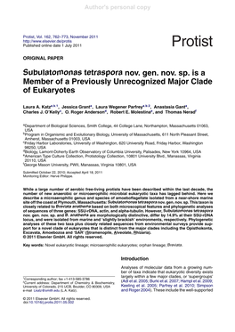 Subulatomonas Tetraspora Nov. Gen. Nov. Sp. Is a Member of a Previously Unrecognized Major Clade of Eukaryotes