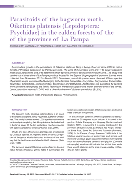 Parasitoids of the Bagworm Moth, Oiketicus Platensis (Lepidoptera: Psychidae) in the Calden Forests of the of the Province of La Pampa