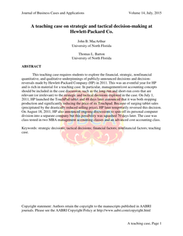 A Teaching Case on Strategic and Tactical Decision-Making at Hewlett-Packard Co
