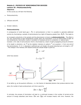 Photoconductivity Objectives in This Course You Will Learn the Following