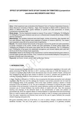 EFFECT of DIFFERENT RATE of BAT GUANO on TOMATOES (Lycopersicon Esculentum Mill) GROWTH and YIELD