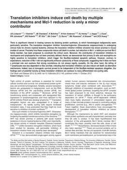 Translation Inhibitors Induce Cell Death by Multiple Mechanisms and Mcl-1 Reduction Is Only a Minor Contributor