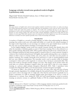 Language Attitudes Toward Some Gendered Words in English: a Preliminary Study Megan Gold,* Kristine Elisabeth Salvesen, Sara A