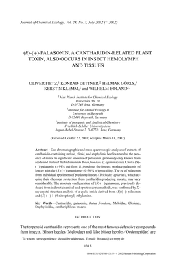 (+)-Palasonin, a Cantharidin-Related Plant Toxin, Also Occurs in Insect Hemolymph and Tissues