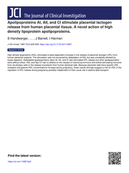 Apolipoproteins AI, AII, and CI Stimulate Placental Lactogen Release from Human Placental Tissue. a Novel Action of High Density Lipoprotein Apolipoproteins