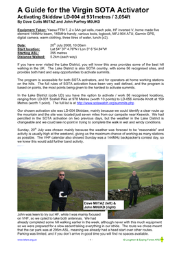 A Guide for the Virgin SOTA Activator Activating Skiddaw LD-004 at 931Metres / 3,054Ft by Dave Cutts M0TAZ and John Parfrey M0UKD