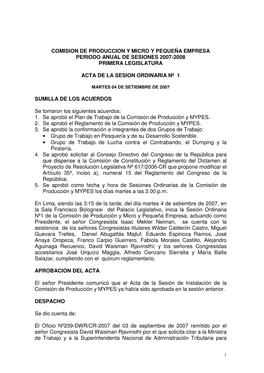 Comision De Produccion Y Micro Y Pequeña Empresa Periodo Anual De Sesiones 2007-2008 Primera Legislatura