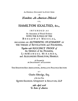 HAMILTON EXALTED, &C