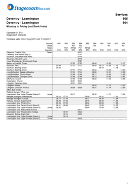 Leamington 665 Daventry - Leamington 664 Monday to Friday (Not Bank Hols)