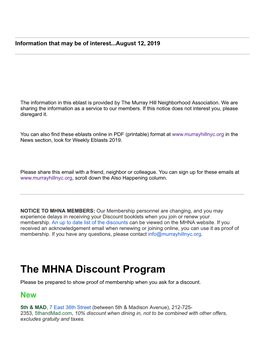 The MHNA Discount Program Please Be Prepared to Show Proof of Membership When You Ask for a Discount